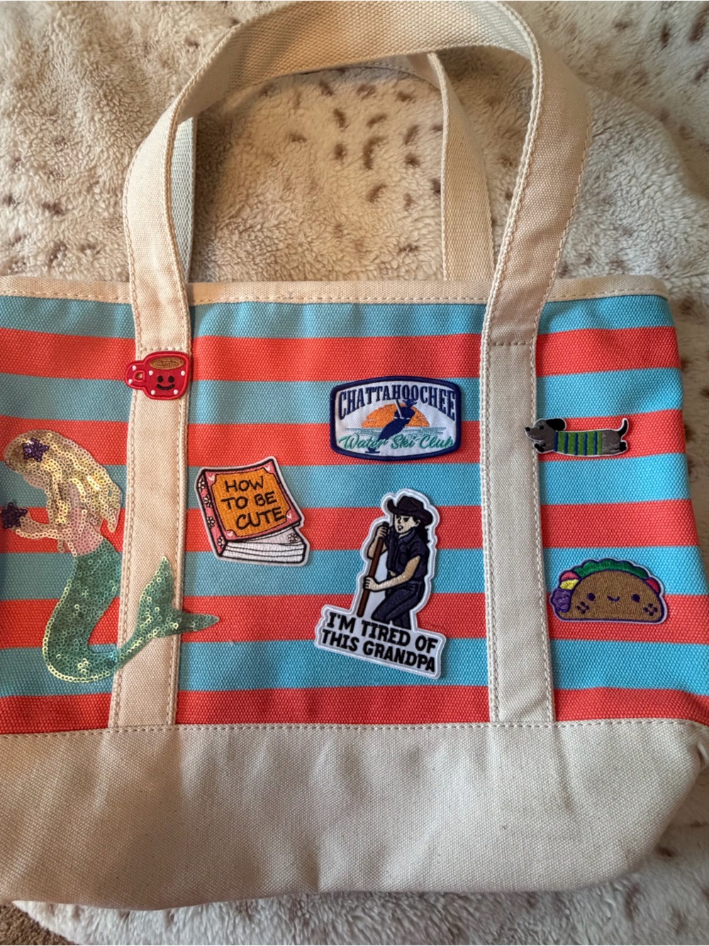 Lands' End Striped Canvas Tote in Turquoise and Coral with Fun Patches